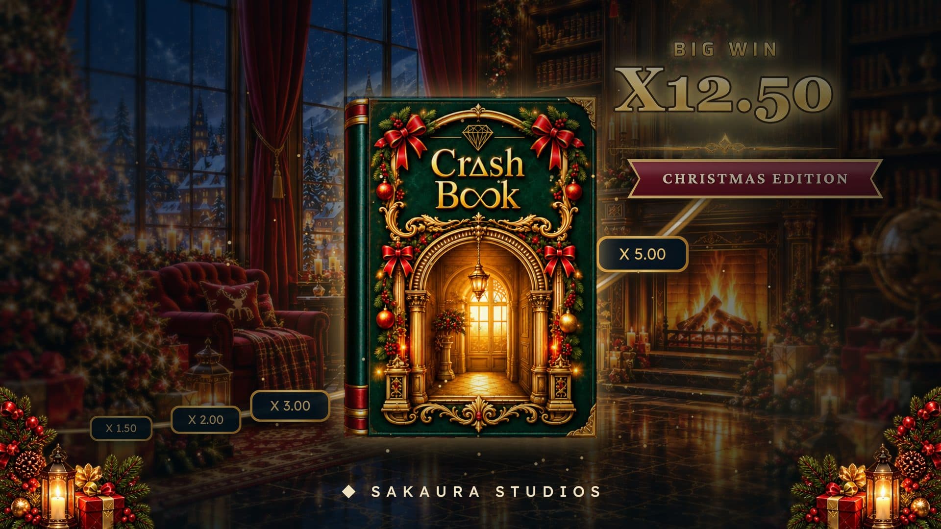 Crashbook Christmas Edition key artwork — the Christmas tome in a reading room lit for the holidays