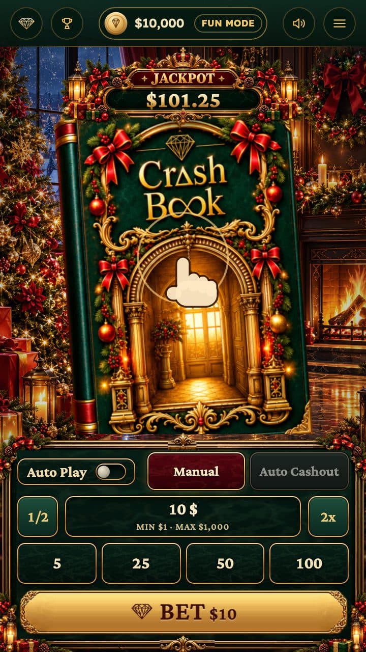 Crashbook at Christmas on a phone — the Christmas tome above the bet panel