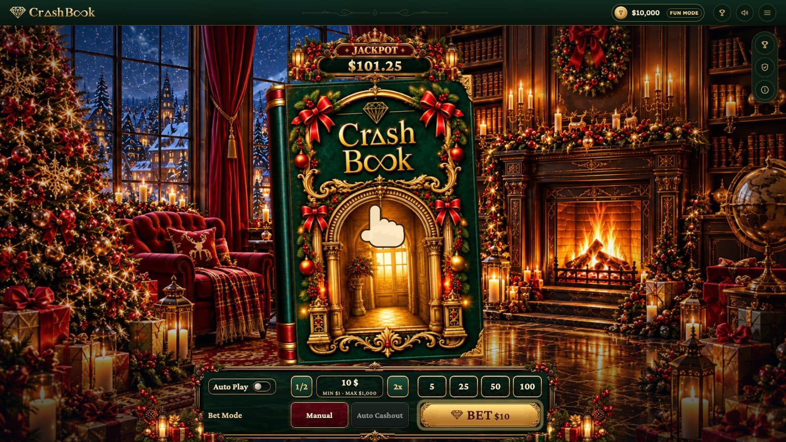 Crashbook at Christmas between rounds — the reading room by the fire, the Christmas tome, the jackpot meter and the bet panel