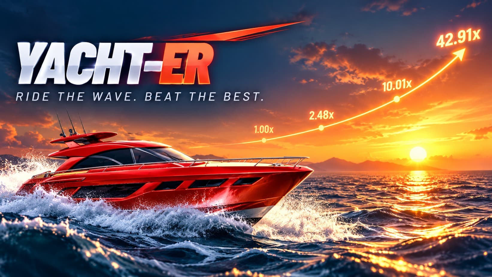 Yachter key artwork — the yacht at speed under a rising multiplier curve