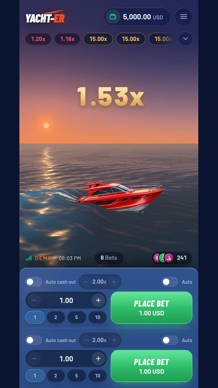Yachter on a phone — the stage above, the two bet slots below